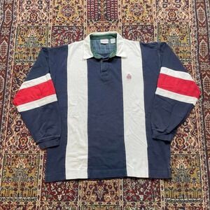 VTG 90s Bugle Boy Company cotton cut and sew striped‎ rugby shirt L logo crest